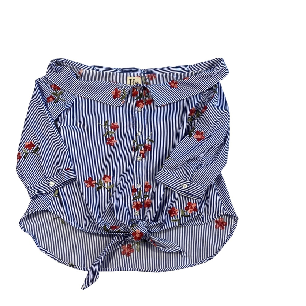 Haute Project LA Blue Stripe Floral Embroidered Tie Front Off Shoulder Top M - Picture 11 of 16
